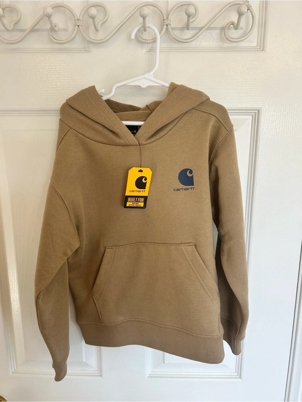 NWT! Carhartt Kid’s Tan Pullover Hoodie with Navy Logo Size 6